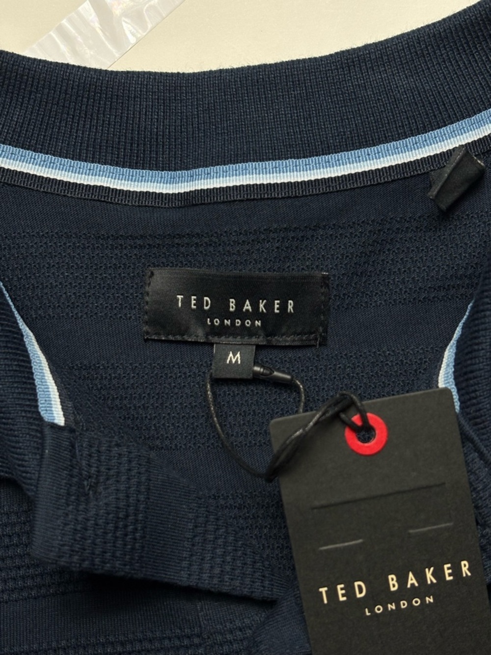 NWT Ted Baker Popcorn Stripe Long Sleeve Polo Size M Sky Captain Navy Blue - Picture 8 of 11